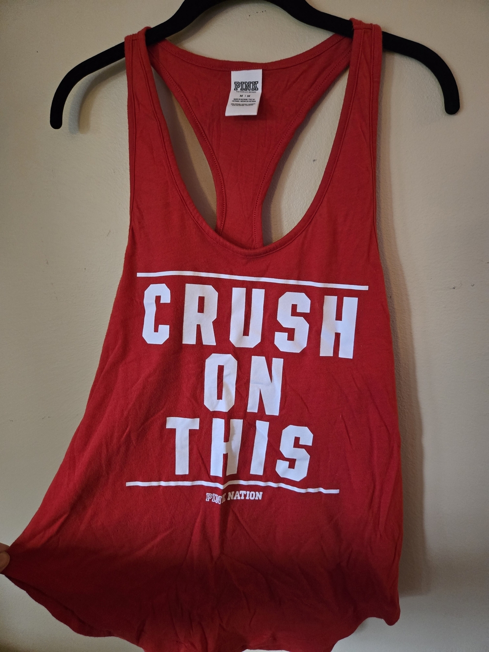 PINK Victoria's Secret Red Racerback Tank with White 'CRUSH ON THIS' Print